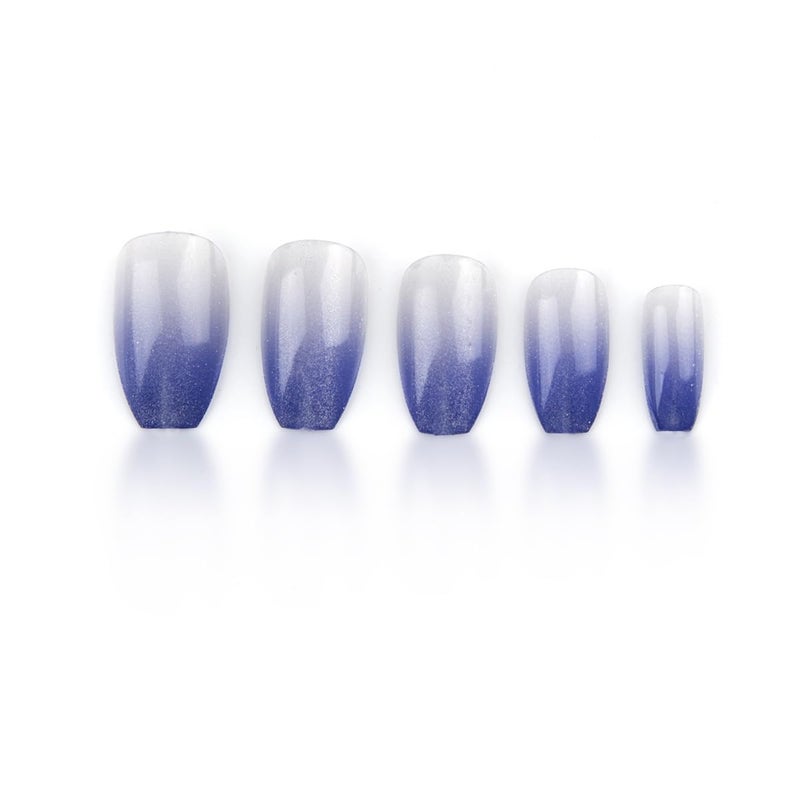 CTTHNBD Coffin Press on Nails Medium - Blue Fake Nails with Ombre Glitter Deisgn - Gloosy Full Cover Stick on False Nails - for Women 24 Pcs - Image 5